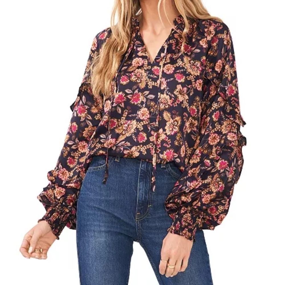 {1.STATE} Women's Floral Ruffle Split Neck Long-Sleeve Blouse - Size Small